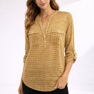 Anthro Holding Horses Tulip Print Blouse 0 Mustard Popover Roll Tab Sleeve